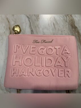 Too Faced Pink Embossed Holiday Cosmetic Pouch with Gold Heart Charm